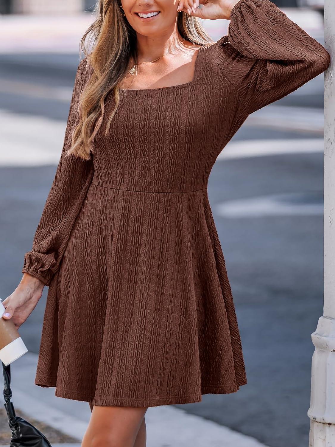 imageCUPSHE Womens Knit Fall Mini Dress Long Sleeves Square Neck Ruffle A Line DressesCoffee
