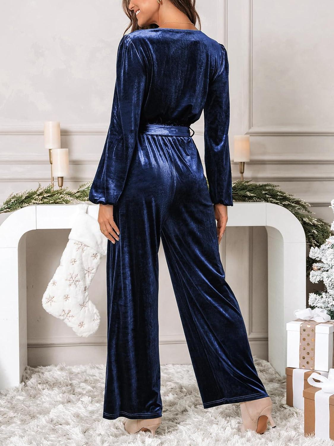 imageCUPSHE Womens Long Jumpsuits V Neck Long Sleeve Belted Overall Casual Velvet Wide Leg Pockets Maxi RompersNavy Blue
