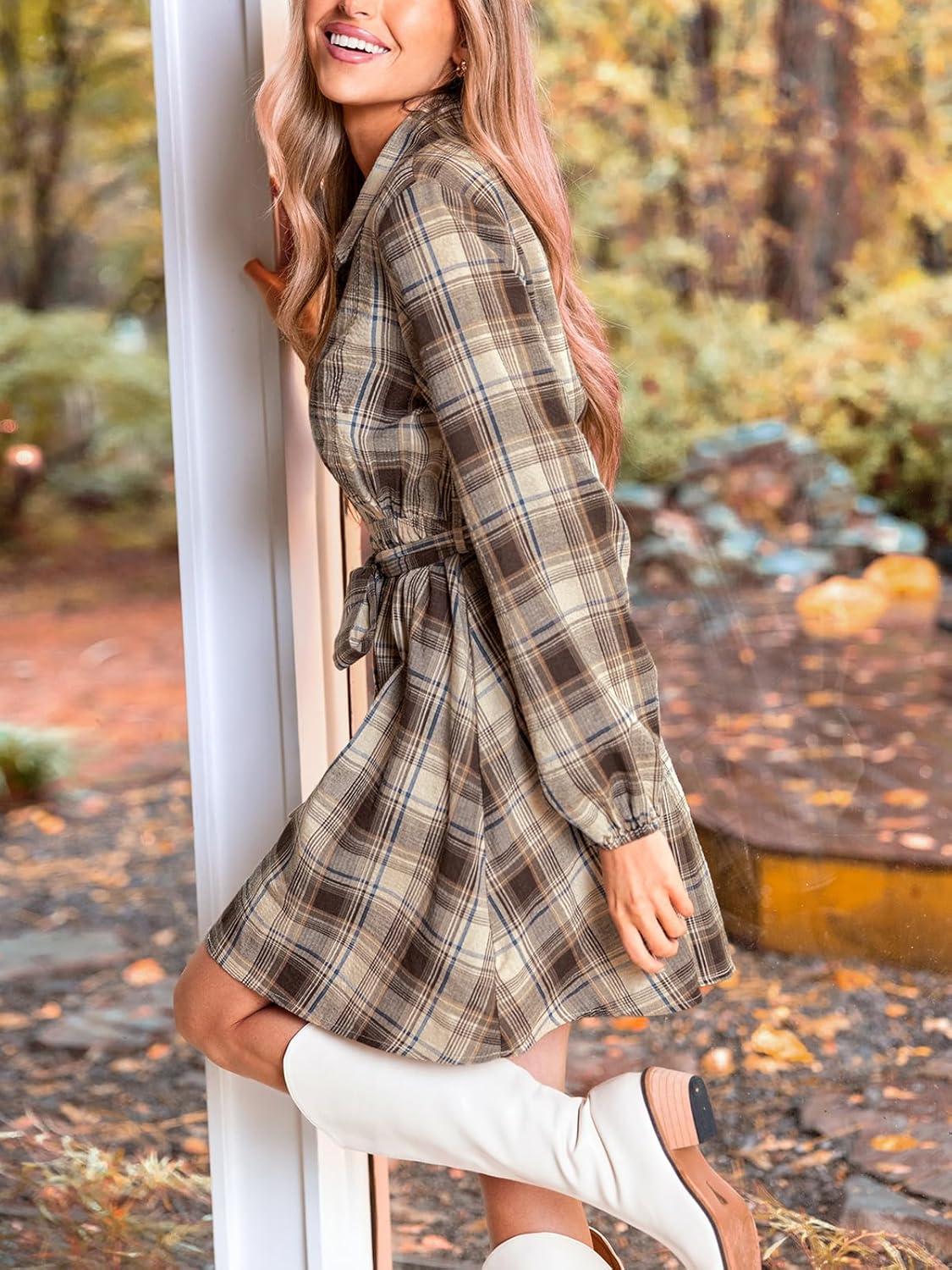 imageCUPSHE Womens Plaid Fall Dresses Collared Long Sleeve Belted Tie Front Button Up Shirt Mini DressBrown