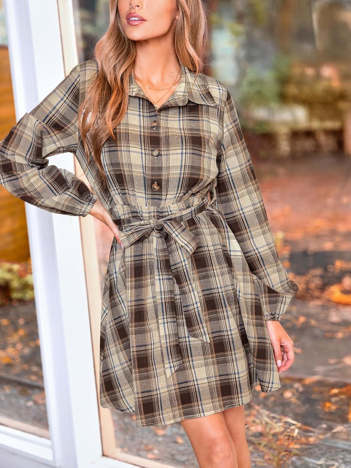 imageCUPSHE Womens Plaid Fall Dresses Collared Long Sleeve Belted Tie Front Button Up Shirt Mini DressBrown