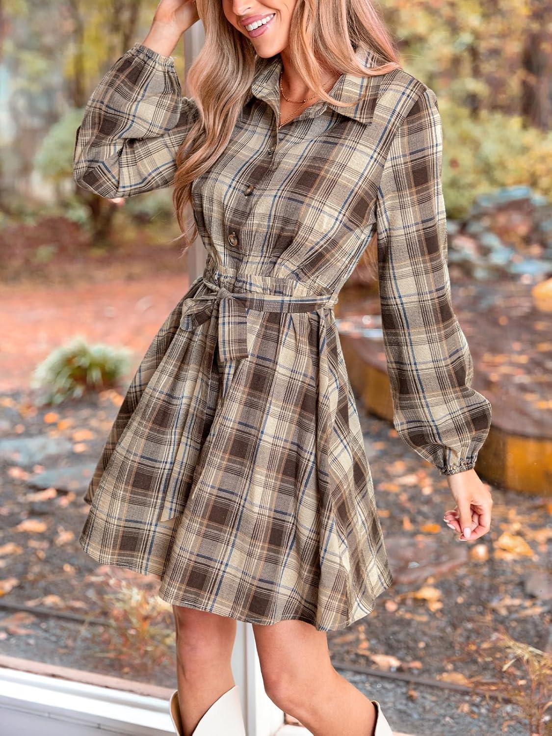 imageCUPSHE Womens Plaid Fall Dresses Collared Long Sleeve Belted Tie Front Button Up Shirt Mini DressBrown