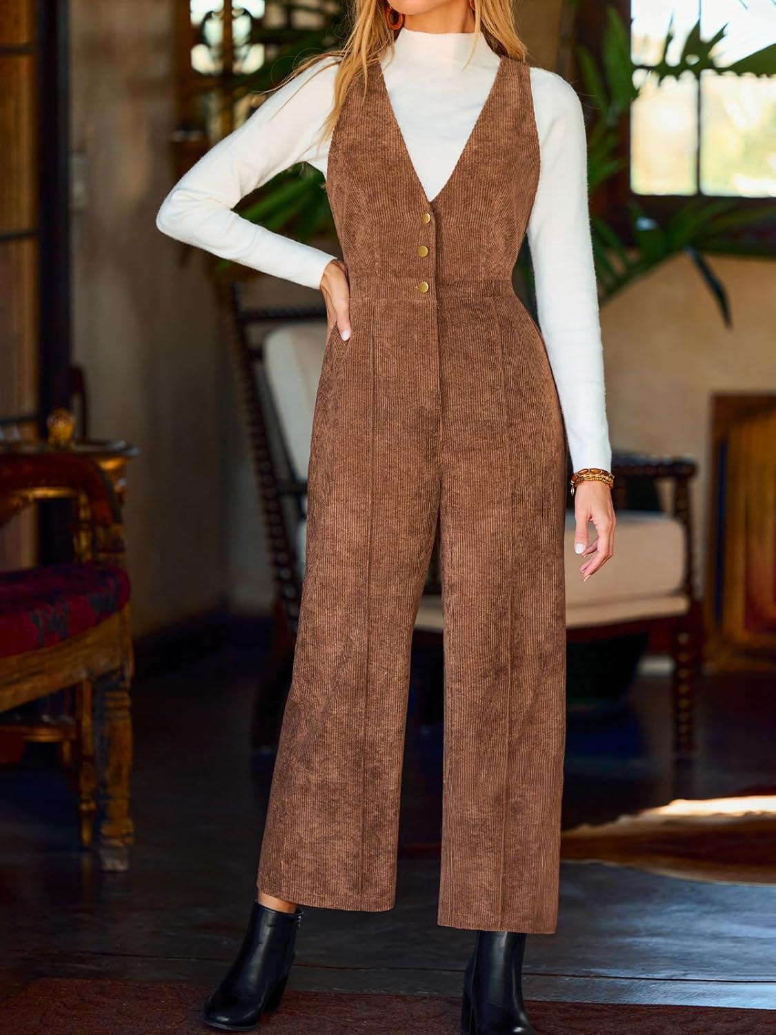 imageCUPSHE Womens Winter Fall Corduroy Overalls Casual V Neck Sleeveless Button Jumpsuits Straight Leg Pants RomperBrown