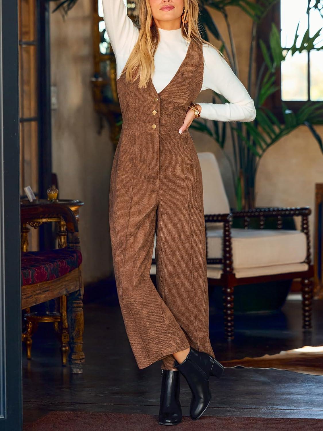 imageCUPSHE Womens Winter Fall Corduroy Overalls Casual V Neck Sleeveless Button Jumpsuits Straight Leg Pants RomperBrown