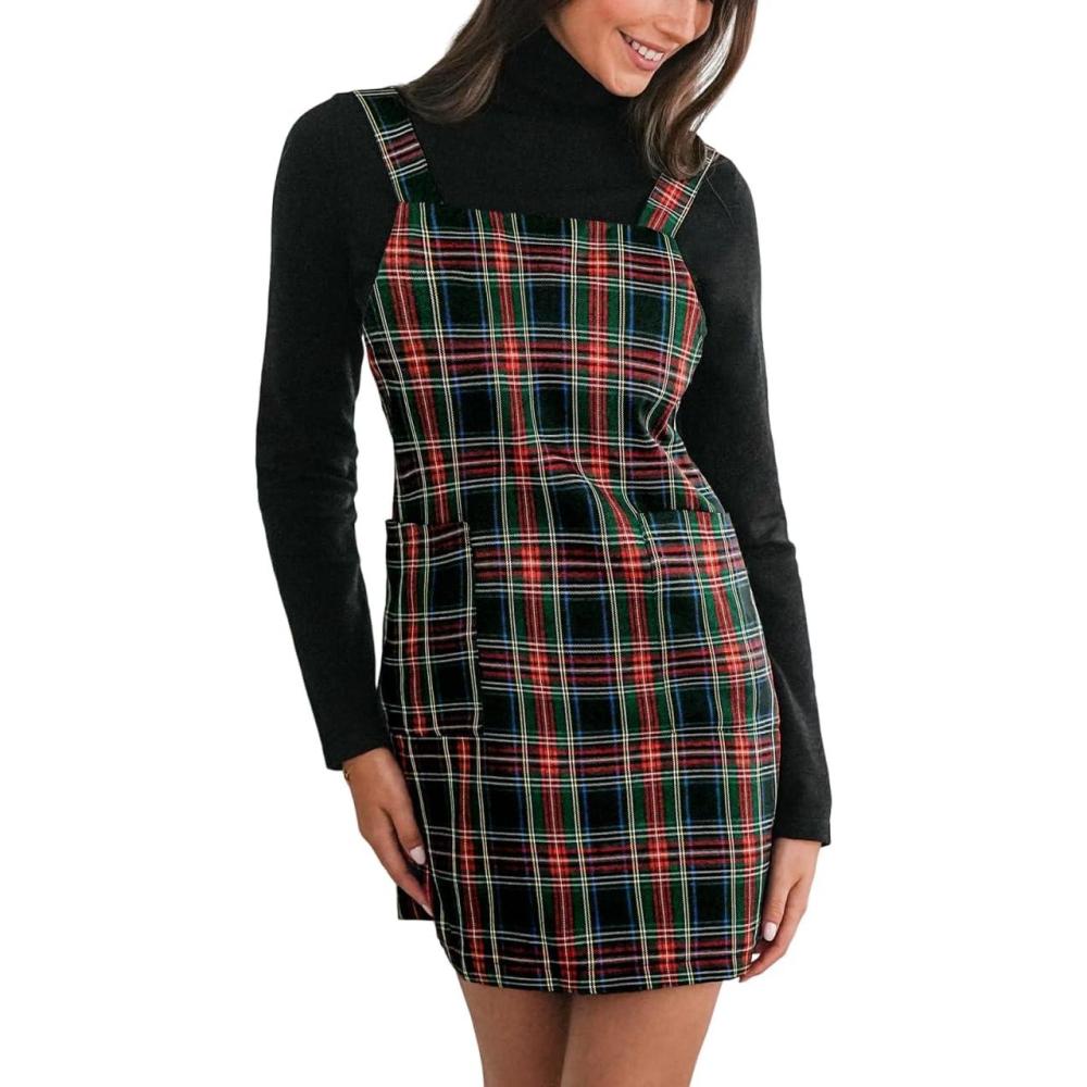 imageCUPSHE Women Plaid Fall Dresses Christmas Front Pocket Square Neck Wide Strap Button Back Overall Mini DressRed