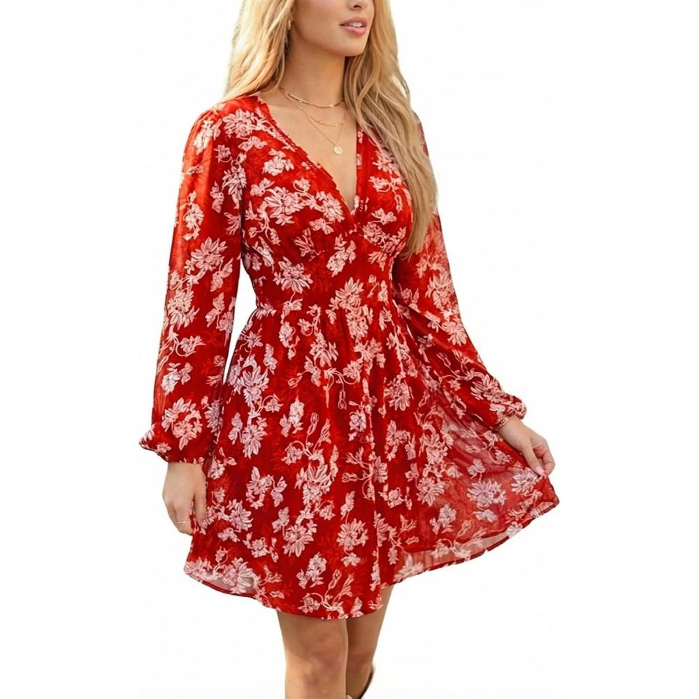 imageCUPSHE Womens Fall Boho Floral Mini Dresses Long Sleeve Wedding Guest Dress V Neck Flowy Smocked Lined Short DressRed