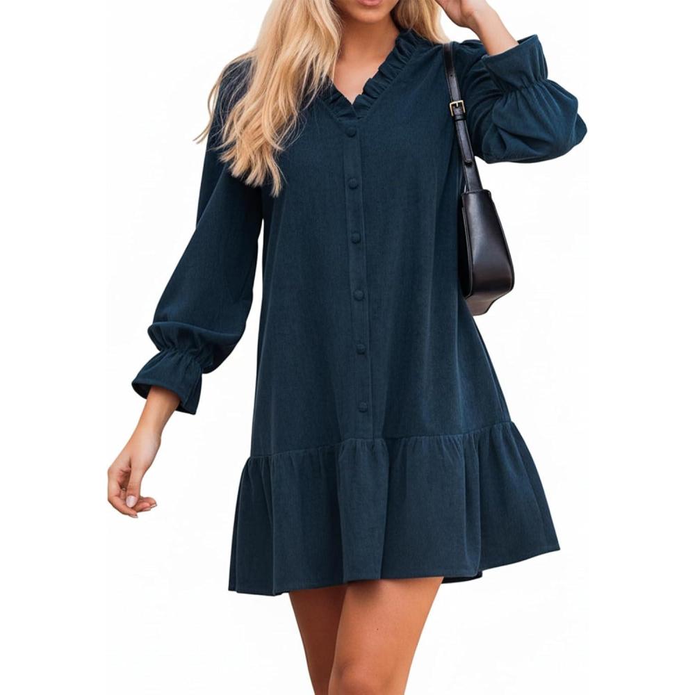 imageCUPSHE Womens Fall Winter Corduroy Dress Long Sleeve Babydoll Mini Dress Causal V Neck Button Down Tunic DressNavy Blue
