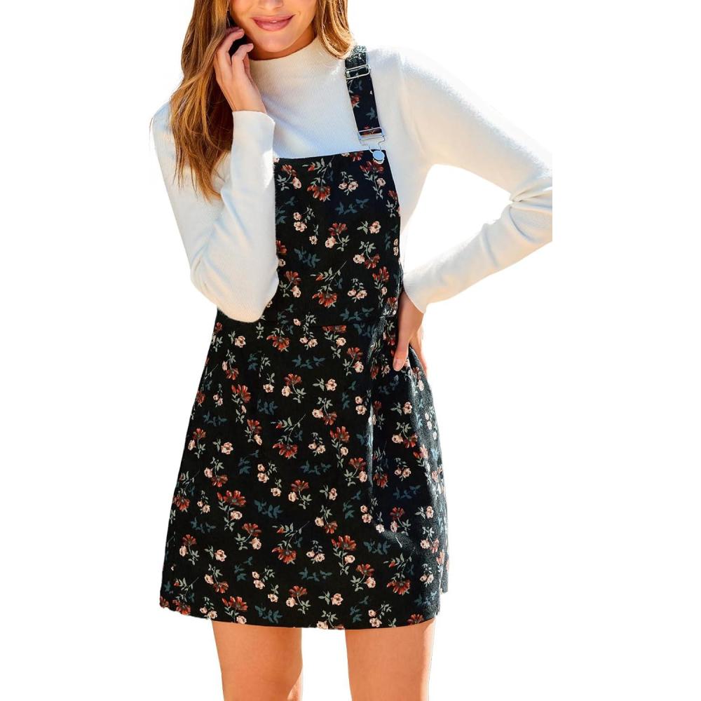 imageCUPSHE Womens Floral Overall Mini Dress Sleeveless Square Neck Fall Casual Panifore DressFloral Black
