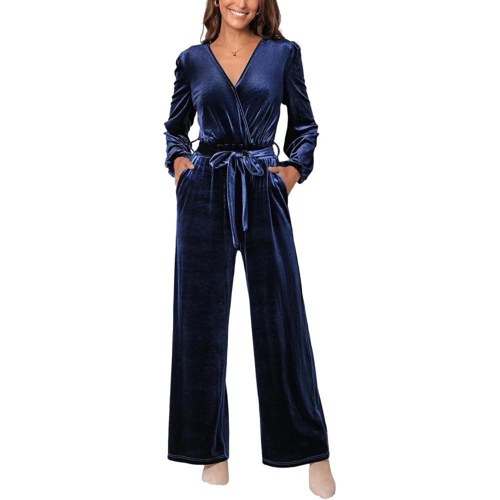 imageCUPSHE Womens Long Jumpsuits V Neck Long Sleeve Belted Overall Casual Velvet Wide Leg Pockets Maxi RompersNavy Blue