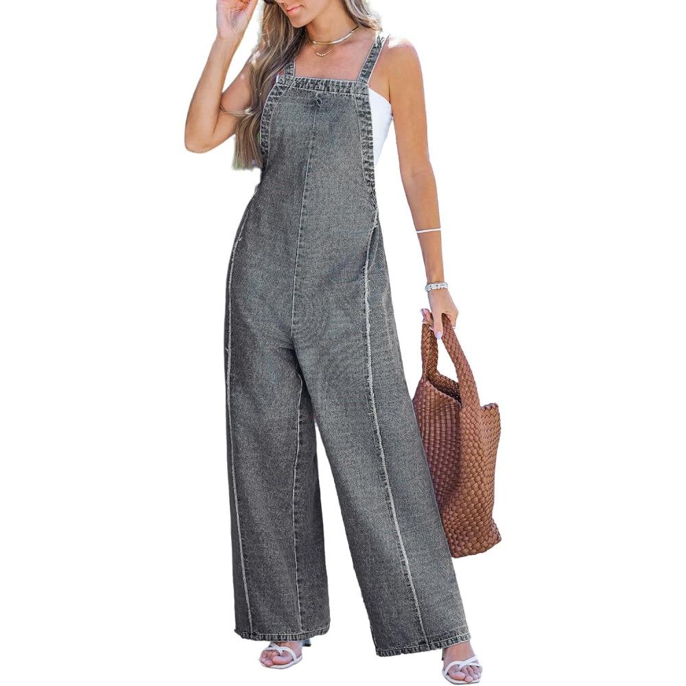 imageCUPSHE Womens Maxi Denim Jumpsuit Square Neck Sleeveless Casual Backless Loose Overall Jeans Wide Leg Long One Piece JumpsuitBlack