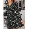 imageCUPSHE Women Fall Dresses Floral V Neck Long Sleeve Ruffle Hem Smocked High Waist Casual Mini DressBlack Floral