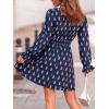 imageCUPSHE Women Fall Dresses Floral V Neck Long Sleeve Ruffle Hem Smocked High Waist Casual Mini DressNavy