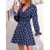 imageCUPSHE Women Fall Dresses Floral V Neck Long Sleeve Ruffle Hem Smocked High Waist Casual Mini DressNavy
