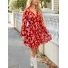 imageCUPSHE Womens Fall Boho Floral Mini Dresses Long Sleeve Wedding Guest Dress V Neck Flowy Smocked Lined Short DressRed