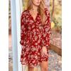 imageCUPSHE Womens Fall Boho Floral Mini Dresses Long Sleeve Wedding Guest Dress V Neck Flowy Smocked Lined Short DressRed