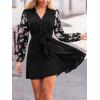 imageCUPSHE Womens Fall Dresses V Neck Floral Long Sleeve Button Belted Short Work Casual Outfit Flowy Mini DressBlack