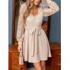 imageCUPSHE Womens Fall Flowy Mini Dress Long Sleeve Lace Short Dresses Square Neck Belted Sweater Knit DressBeige