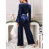 imageCUPSHE Womens Long Jumpsuits V Neck Long Sleeve Belted Overall Casual Velvet Wide Leg Pockets Maxi RompersNavy Blue
