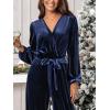 imageCUPSHE Womens Long Jumpsuits V Neck Long Sleeve Belted Overall Casual Velvet Wide Leg Pockets Maxi RompersNavy Blue