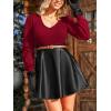 imageCUPSHE Womens Long Sleeve Fall Mini Dress V Neck High Waist A Line Ruffle Faux Leather DressRedblack