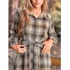imageCUPSHE Womens Plaid Fall Dresses Collared Long Sleeve Belted Tie Front Button Up Shirt Mini DressBrown