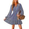 imageCUPSHE Women Geo V Neck Fall Dress Sleeveless Smocked Waist A Line Long Sleeve Button Casual Sundress Mini DressNavy