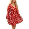imageCUPSHE Womens Fall Boho Floral Mini Dresses Long Sleeve Wedding Guest Dress V Neck Flowy Smocked Lined Short DressRed
