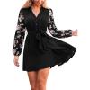 imageCUPSHE Womens Fall Dresses V Neck Floral Long Sleeve Button Belted Short Work Casual Outfit Flowy Mini DressBlack