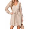 imageCUPSHE Womens Fall Flowy Mini Dress Long Sleeve Lace Short Dresses Square Neck Belted Sweater Knit DressBeige