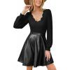 imageCUPSHE Womens Long Sleeve Fall Mini Dress V Neck High Waist A Line Ruffle Faux Leather DressBblack