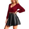 imageCUPSHE Womens Long Sleeve Fall Mini Dress V Neck High Waist A Line Ruffle Faux Leather DressRedblack