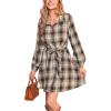 imageCUPSHE Womens Plaid Fall Dresses Collared Long Sleeve Belted Tie Front Button Up Shirt Mini DressBrown