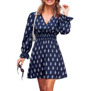 imageCUPSHE Women Fall Dresses Floral V Neck Long Sleeve Ruffle Hem Smocked High Waist Casual Mini DressNavy