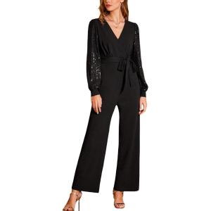imageCUPSHE Womens Dressy Long Sleeve Sequin Jumpsuit Fall Night Club Sparkly Outfits V Neck Belted One Piece RomperBlack
