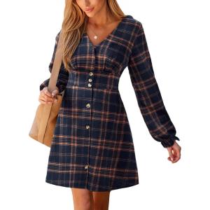 imageCUPSHE Womens Fall Casual Dress Long Sleeve V Neck A Line Button Mini DressesNavy Blue Plaid