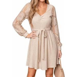 imageCUPSHE Womens Fall Flowy Mini Dress Long Sleeve Lace Short Dresses Square Neck Belted Sweater Knit DressBeige