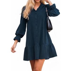 imageCUPSHE Womens Fall Winter Corduroy Dress Long Sleeve Babydoll Mini Dress Causal V Neck Button Down Tunic DressNavy Blue