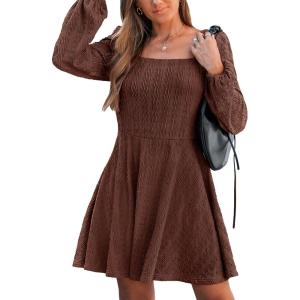 imageCUPSHE Womens Knit Fall Mini Dress Long Sleeves Square Neck Ruffle A Line DressesCoffee