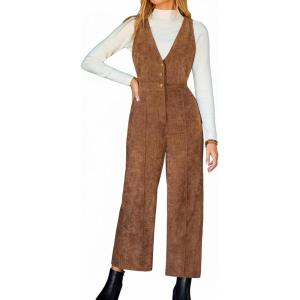 imageCUPSHE Womens Winter Fall Corduroy Overalls Casual V Neck Sleeveless Button Jumpsuits Straight Leg Pants RomperBrown