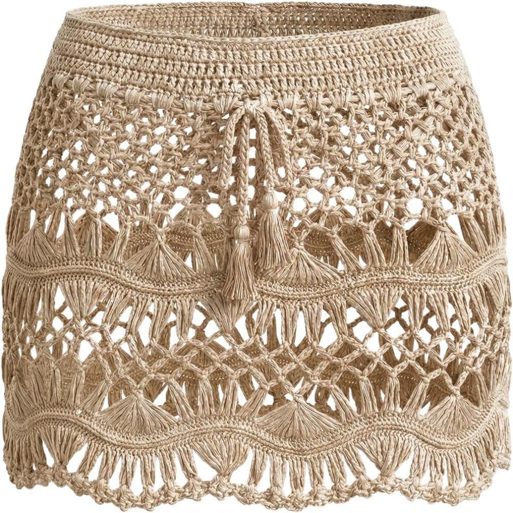 imageCUPSHE Women Crochet Coverup Skirt Drawstring Knit Mini Skirt Coverup for SwimwearBeige