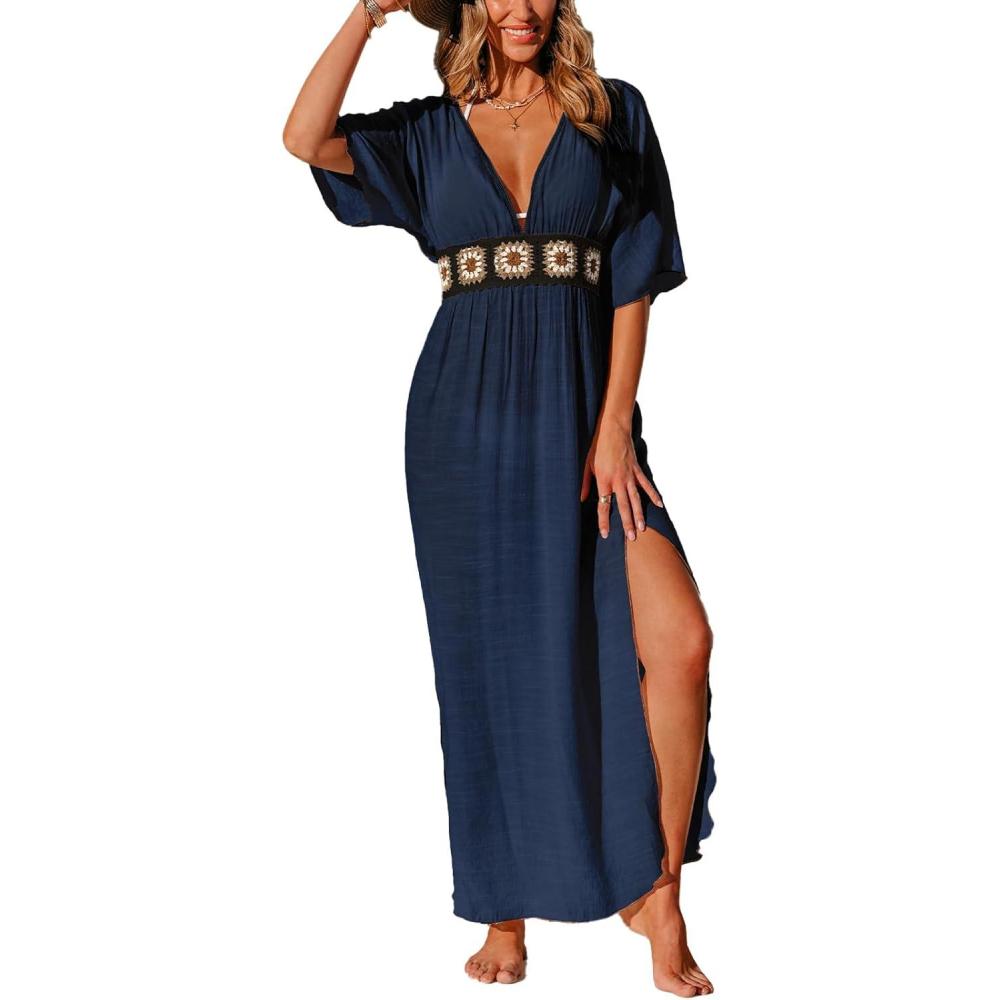 imageCUPSHE Women Swimsuit Coverup Deep V Neck Half Sleeve Maxi Coverup DressNavy