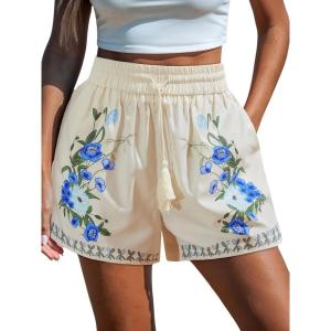 imageCUPSHE Womens Casual Beach Shorts Elastic Drawstring Waist Swimsuit Cover Ups Shorts with Side PocketsFloral White