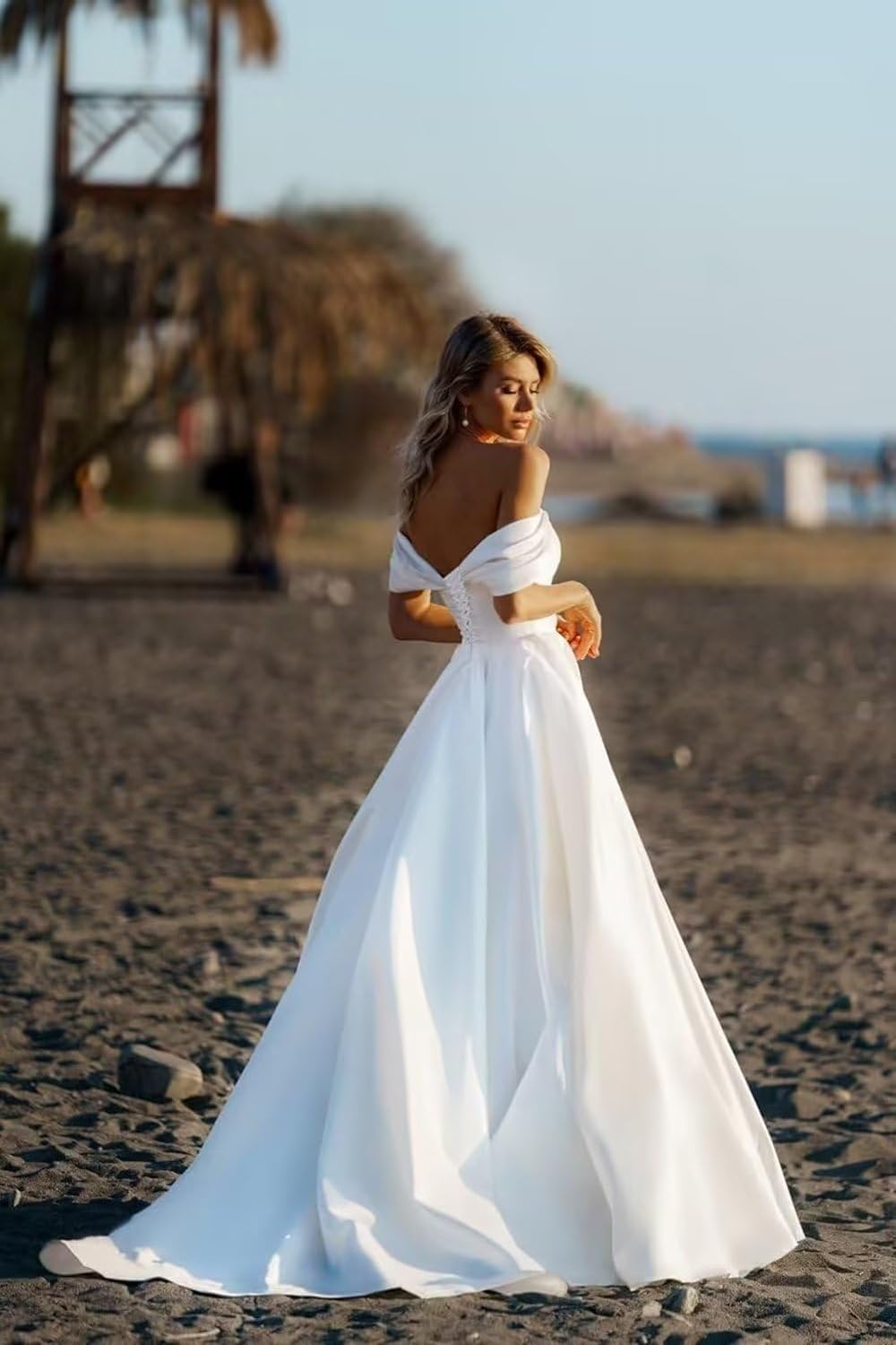 thumbnail image 2 of Off-Shoulder Satin Prom Dress - Ball Gown With Slits Chocolate Size 8 2 of 10