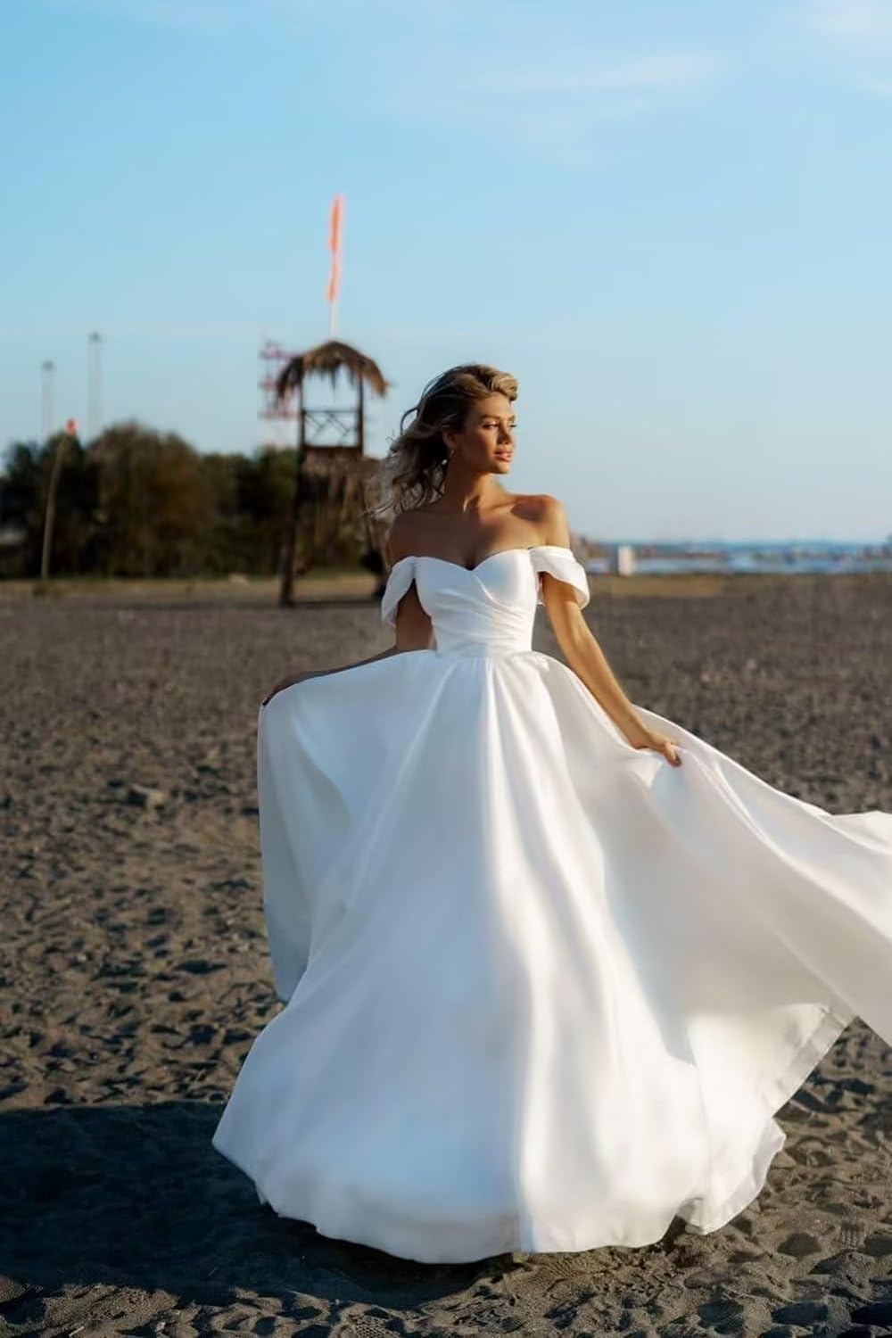 thumbnail image 2 of Off-Shoulder Satin Prom Dress - Ball Gown With Slits Chocolate Size 8 2 of 10