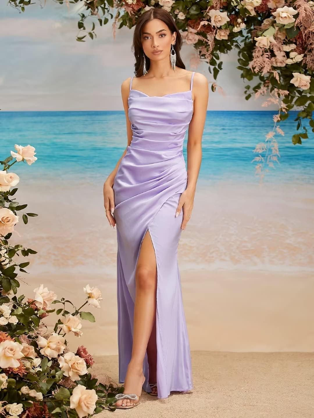 Miao Duo Women's Long Spaghetti Straps Bridesmaid Dress With Slit Off
