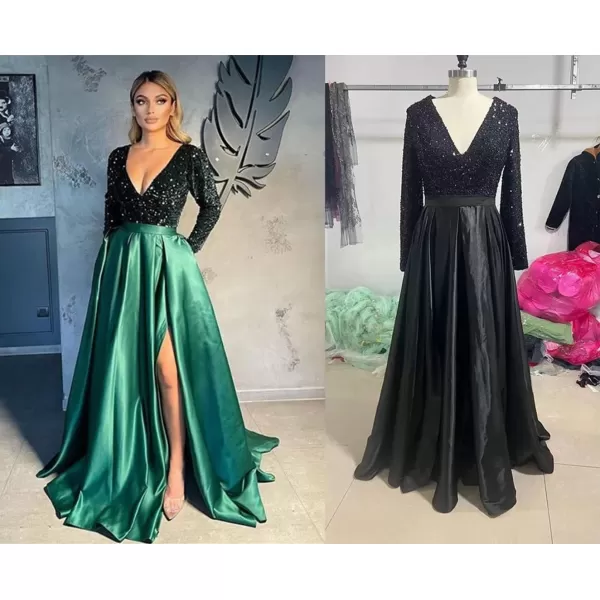 homdor Long Sleeve Sequin Prom Dresses Ball Gown Sparkly Formal Evening Dress Satin Wedding Dress with Slit