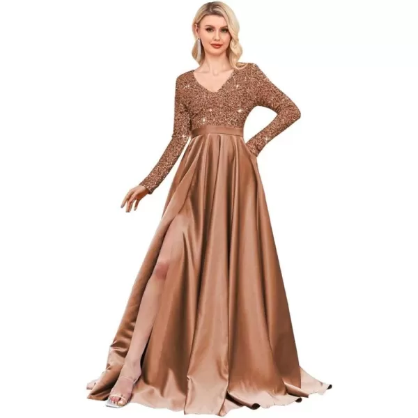 homdor Long Sleeve Sequin Prom Dresses Ball Gown Sparkly Formal Evening Dress Satin Wedding Dress with Slit