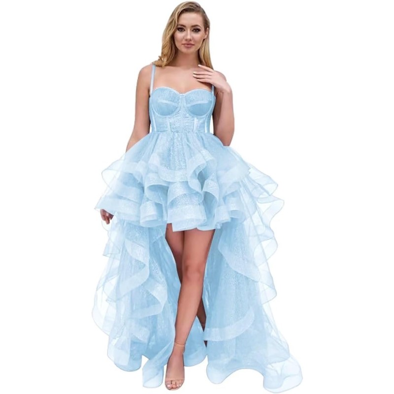 CWOAPO Layered Ruffles Tulle Prom Dress - Spaghetti Strap Ball Gown With V Neck & Bow Back