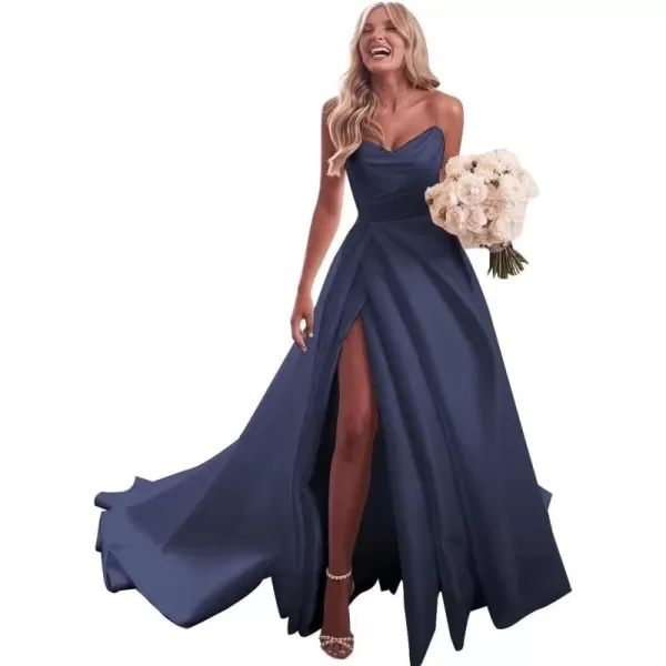 homdor Strapless Prom Dresses Long Ball Gown Satin Wedding Dress for Bride A Line Formal Evening Party Gowns with Slit