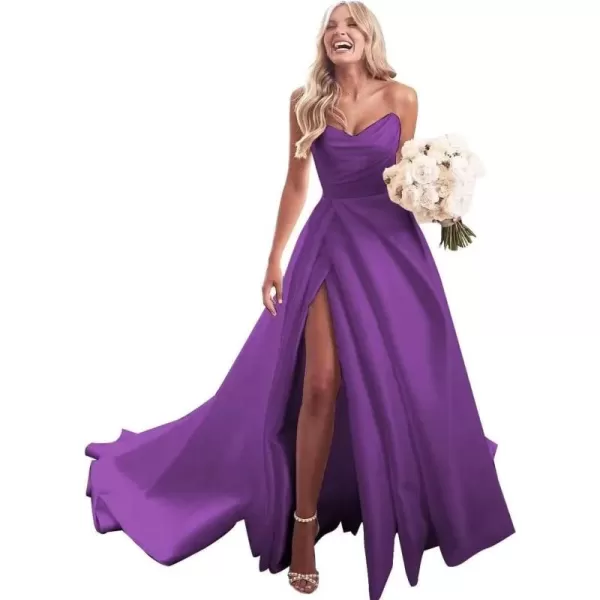 homdor Strapless Prom Dresses Long Ball Gown Satin Wedding Dress for Bride A Line Formal Evening Party Gowns with Slit