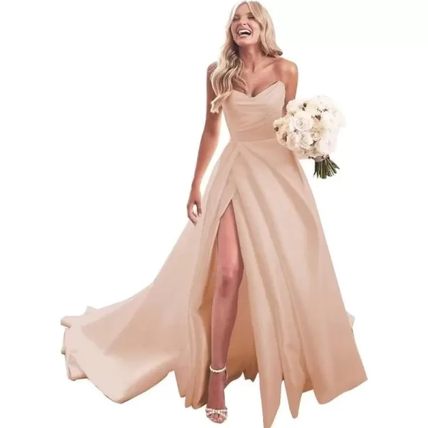 homdor Strapless Prom Dresses Long Ball Gown Satin Wedding Dress for Bride A Line Formal Evening Party Gowns with Slit